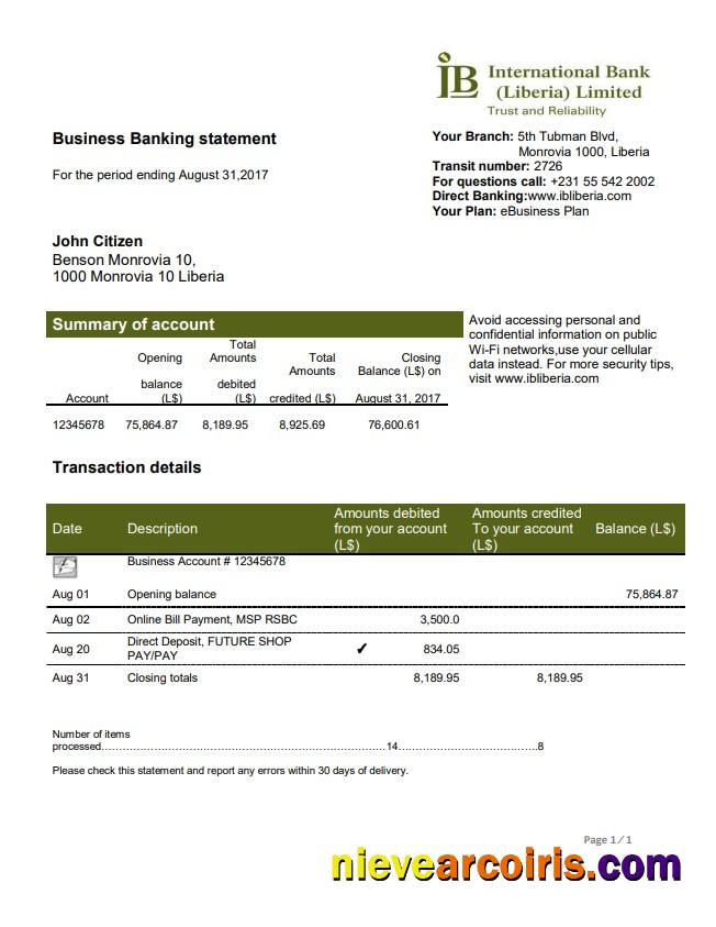 Liberia IB International Bank statement